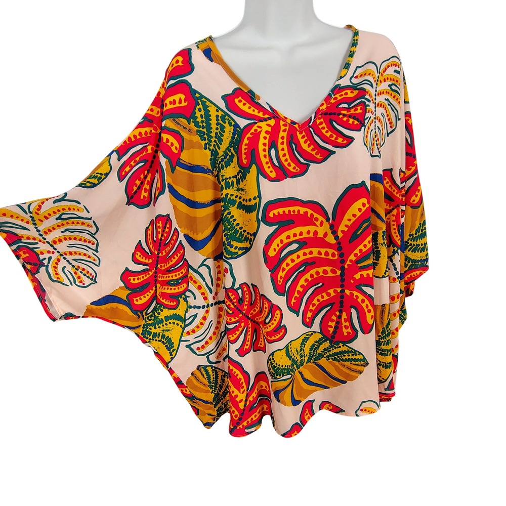 Adrienne Sadie Tropical Monstera‎ Leaf Print V-Neck Dolman Sleeve Blouse Medium